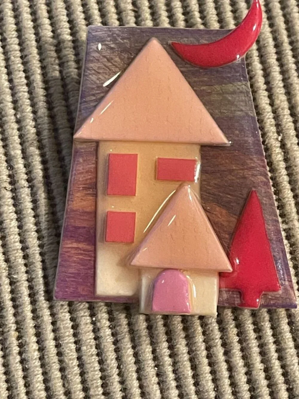 Vtg Lucinda House Brooch Pin With Red Moon Tree & Whimsical Home Design - Unique